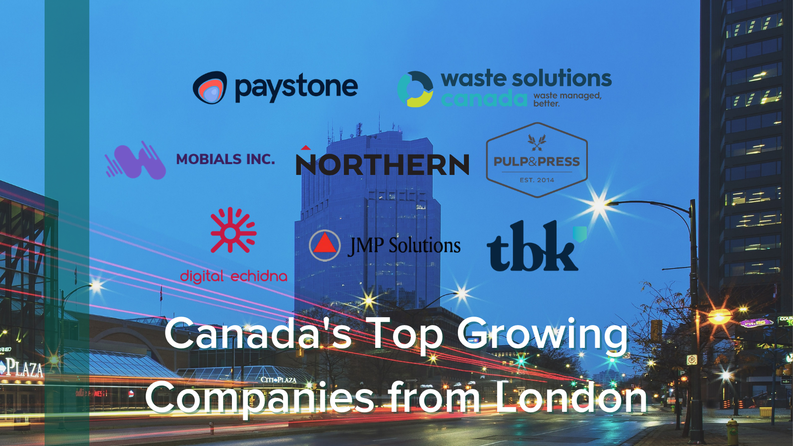 Logos with image of downtown London in background