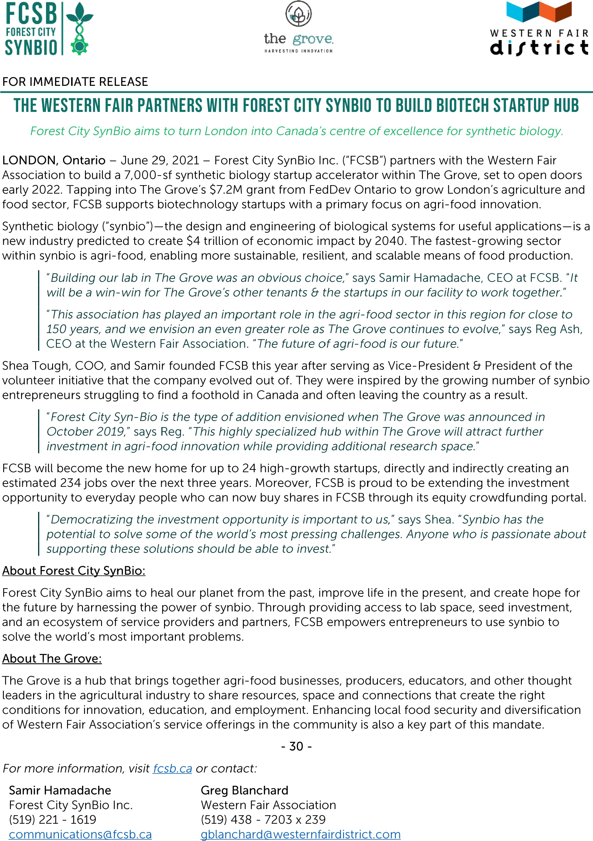 Forest City Synbio Announces New Biotech Startup Hub At The Grove At Western Fair District