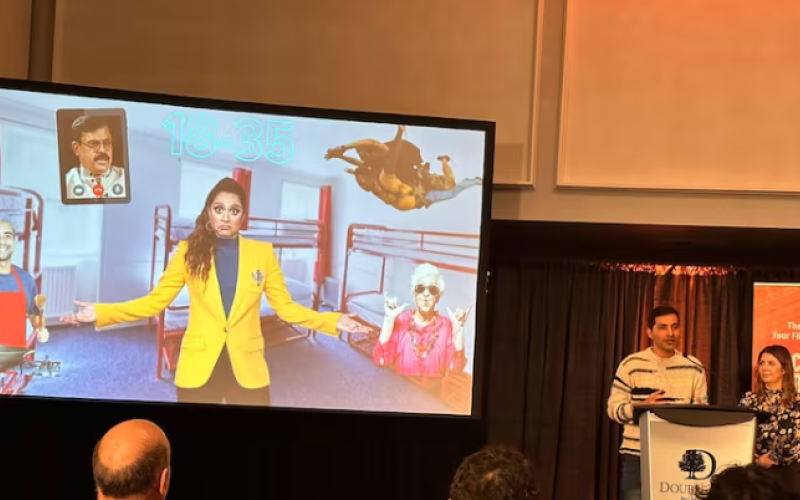 Co-creators Rahul Chaturvedi and Charlie Whalley make the pitch for '18 to 35' at the Forest City Film Festival in 2023. (Submitted by Charlie Whalley)