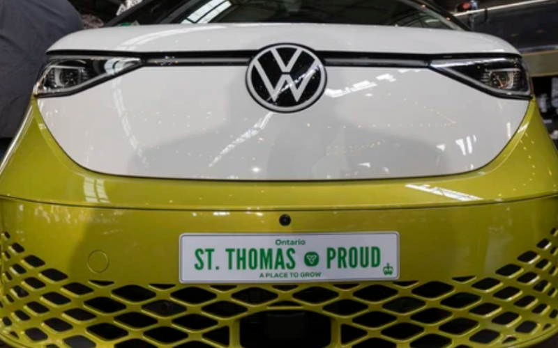 A Volkswagen bearing a licence plate reading St. Thomas Proud is shown as Prime Minister Justin Trudeau and other officials unveiled VW's electric-vehicle battery plant on Friday, April 21, 2023. (Mike Hensen/The London Free Press)