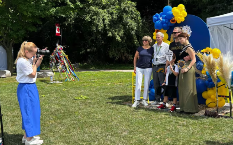 Families gather for the first London Ukrainian Festival at Harris Park on Aug. 24, 2025. The day also marks the 34th Ukrainian Independence Day. (Kendra Seguin/CBC News)