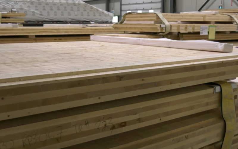 Modular wood units on the floor at Element5 in St. Thomas, Ont. on Sept. 17, 2025. (Gerry Dewan/CTV News London)