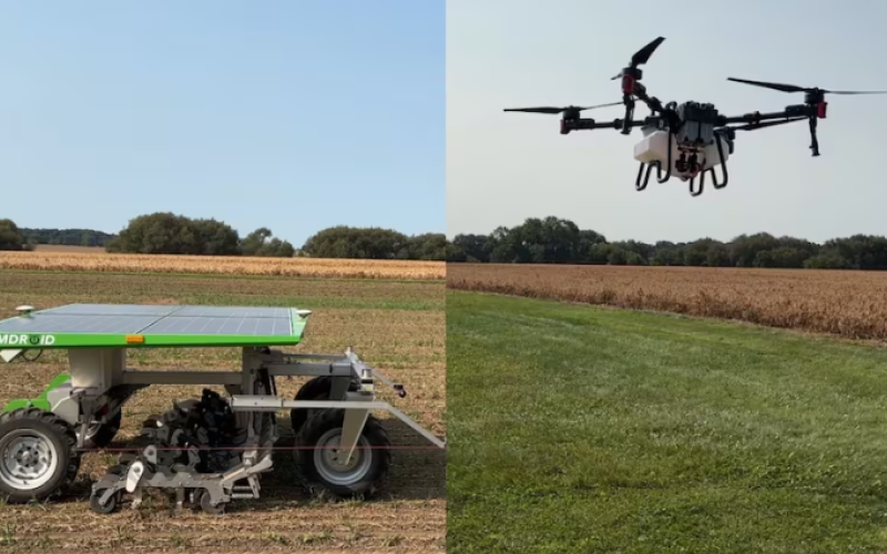 Farming technology at Canada's Outdoor Farm Show near Woodstock, Ont., included solar-power droids and spraying drones. (Travis Dolynny/CBC)
