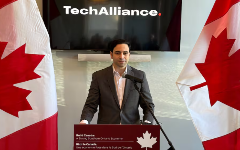 MP Peter Fragiskatos delivers an announcement of $3.5 million dollars to TechAlliance of Southwestern Ontario to distribute to local businesses. (Brent Lale/CTV London)