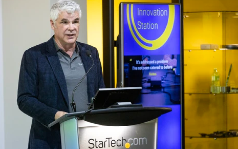 StarTech.com co-founder and CEO Paul Seed speaks to employees during a 40th annivesrary celebration in London, Ontario on Wednesday October 1, 2025. (Derek Ruttan/The London Free Press)