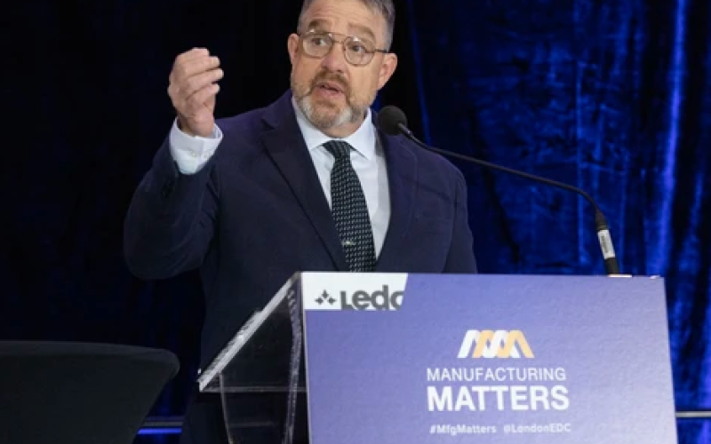 Jason Bates, manager of the Excellence in Manufacturing Consortium, speaks during the Manufacturing Matters conference at RBC Place in London on Thursday, Oct. 2, 2025. (Derek Ruttan/The London Free Press)