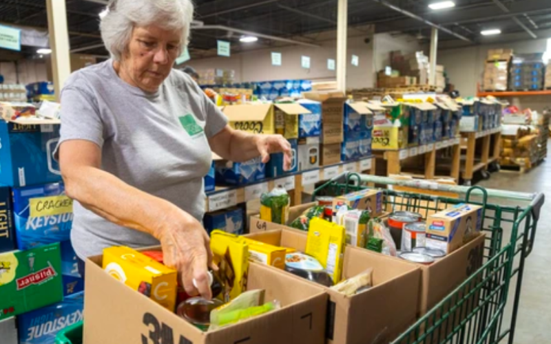 Karen Thompson, a volunteer, fills hampers for families at the London Food Bank on June 12, 2025. (Mike Hensen/The London Free Press)