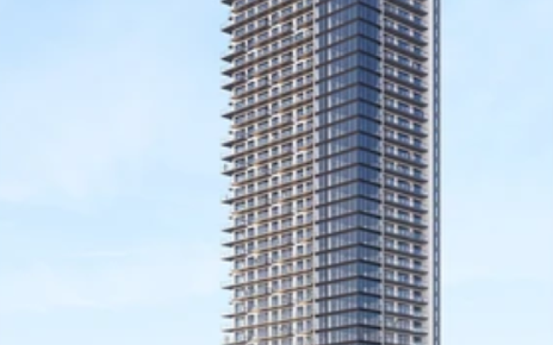 This rendering shows a highrise apartment building proposal for 415 York St., at the corner of Colborne Street in downtown London (Supplied photo)