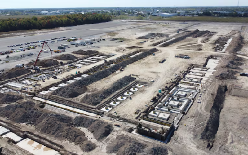 A drone image dated Oct. 2, 2025 shows foundation work underway at PowerCo's gigafactory site in northeast St. Thomas, Ont. (Handout\PowerCo Canada)