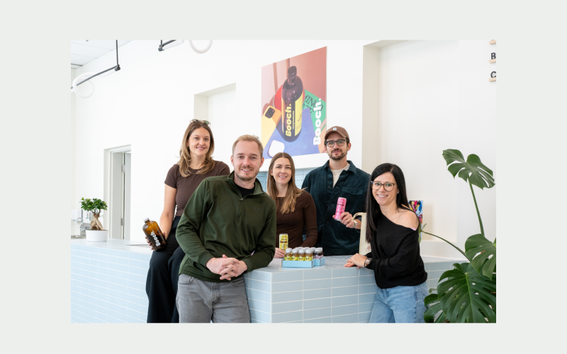 Photo of retail space and Booch team: from left to right are: Alicia Naric, Chad Gray, Sadie McCann, Mario Naric, Jordanna Szalkai