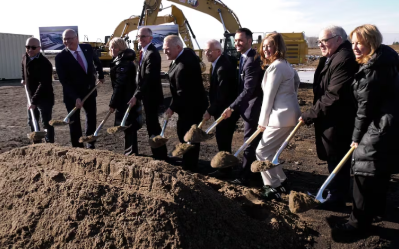 Dignitaries break ground at the Vianode plant in St. Thomas, Ont., on Nov. 20, 2025. (Bryan Bicknell/CTV News London)