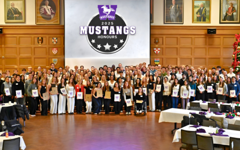 Western Mustangs scholar-athletes who achieved academic averages above 80 per cent were recognized at the Mustangs Honour Breakfast in the Great Hall on Nov. 26. (Ryan Robinson/Western Mustangs)