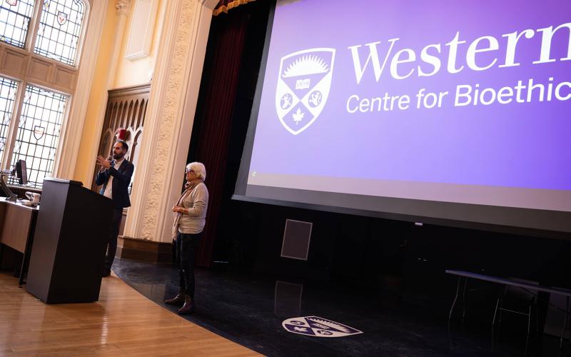 The Western Centre for Bioethics launched Dec. 4. (L to R) Inaugural chair of the centre, bioethicist and professor Maxwell Smith, introduces guest speaker Françoise Baylis, an internationally renowned bioethicist and Western graduate. (Iulia Costache/Western Health Sciences)