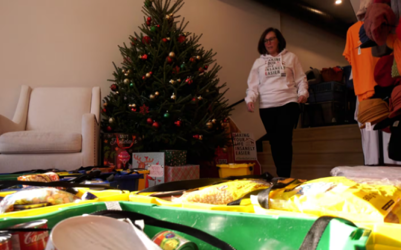 Krista Reeves organizes donations at community hub in Wortley VIllage in London, Ont. on Dec. 8, 2025. (Bryan Bicknell/CTV News London)