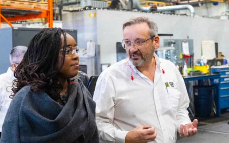 London West MP Arielle Kayabaga tours Hydra Dyne Technology with CEO and founder Steve Bohner in Ingersoll on Tuesday, Dec. 16, 2025. Kayabaga was at the plant to make a funding announcement for three Southwestern Ontario manufacturers. (Mike Hensen/The London Free Press)