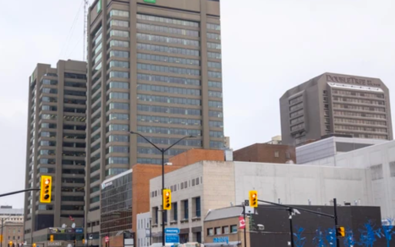 The City Centre towers at the intersection of Dundas and Wellington streets in downtown London. Photograph taken on Dec. 30, 2025. (Mike Hensen/The London Free Press)