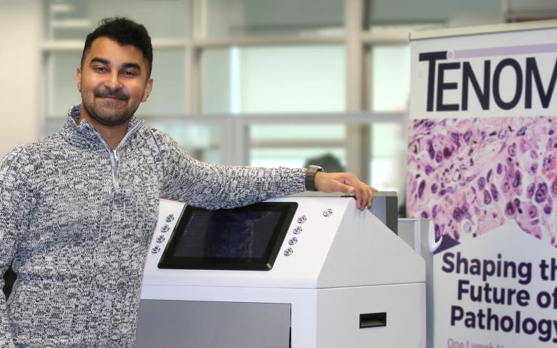 Western’s Technology Transfer Office helps researchers turn innovative ideas into real-world solutions by providing guidance, resources and industry connections. Saumik Biswas, co-founder of Western spinoff Tenomix, shows the company’s 'Lymphonator', a robotic imaging device for improving colon cancer diagnostics. (Colleen MacDonald/Western News)