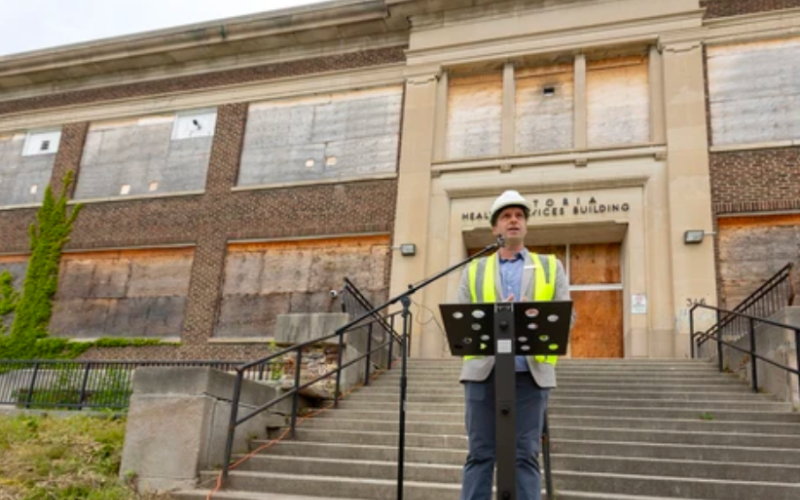 Jeffrey Neven, chief executive of Indwell, speaks at an announcement of $4.8 million in capital funding for the agency's project to convert the former Victoria Hospital Health Services Building at 346 South St. in London into 96 highly supportive housing units on June 9, 2025. (Mike Hensen/The London Free Press)