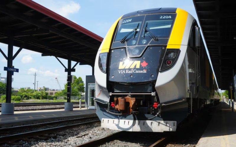 A VIA Rail train rolls into the station in London, Ont., in July 2023. The London Chamber of Commerce says dedicated passenger rail service not reliant on tracks owned by CN Rail would be a "game-changer" economically for southwestern Ontario. (Colin Butler/CBC News)