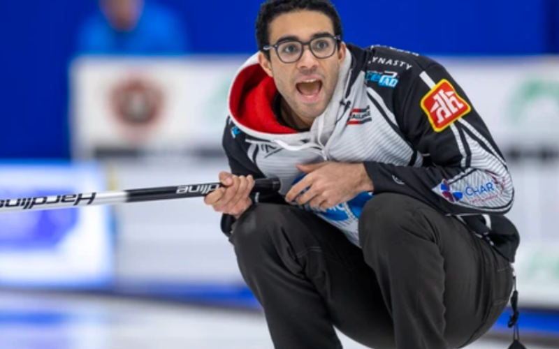 Jayden King, skip of the team from the London Curling Club, watches his rock during the final of the Ontario Scotties Tankard at the FlightExec Centre in Dorchester on Sunday January 28, 2024. (Derek Ruttan/The London Free Press files)