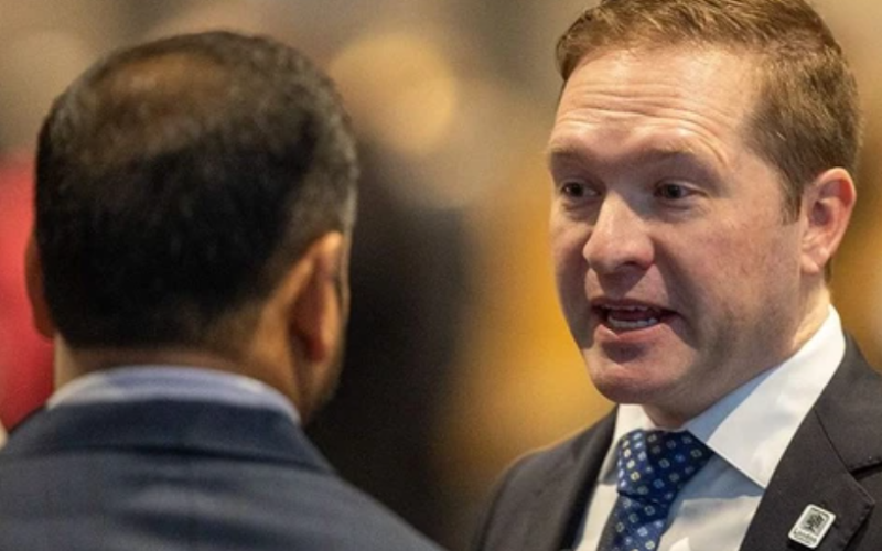 Mayor Josh Morgan speaks with Kapil Lakhotia of the London Economic Development Corp. ahead of Morgan's State of the City address at RBC Place in London on Wednesday Jan. 28, 2026. (Mike Hensen/The London Free Press)