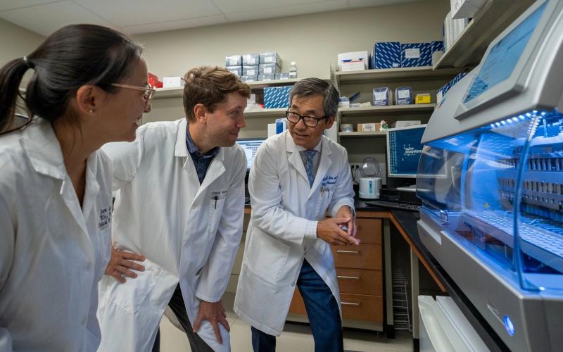 Schulich School of Medicine & Dentistry researchers are developing unique tools and techniques to better understand cancer's path and improve treatments. (L to R) Naomi Scherba ad Cameron Ross work with Dr. Richard Kim in the lab. (Darryl Lahteenmaa/Western Communications)
