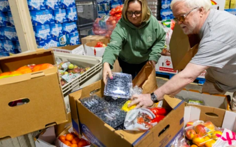 Kirsten Knight and Eric Hobden of the London Food Bank sort fresh vegetables during the launch of the organization’s 39th spring food drive in London. Photograph taken Thursday, March 26, 2026. (Mike Hensen/The London Free Press)