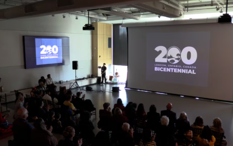 People gathered at Museum London on Saturday, March 28, 2026 for the unveiling of a new music video to celebrate London’s Bicentennial. (Brent Lale/CTV News London)