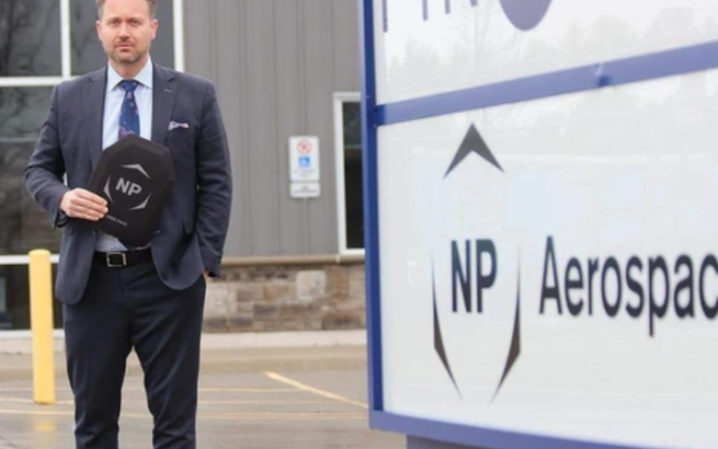 NP Aerospace chief executive James Kempston holds a piece of body armour outside the company's manufacturing plant at 24 Swiftsure Ct. in London on Thursday, April 2, 2026. (Dale Carruthers/The London Free Press)