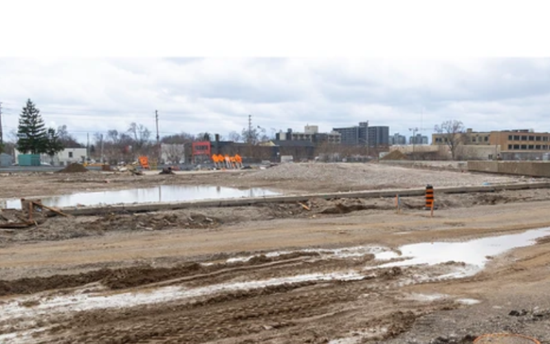 369 York St., the former site of the London Free Press building, is up for sale, in London. Photograph taken on Monday, April 6, 2026. (Mike Hensen/The London Free Press)
