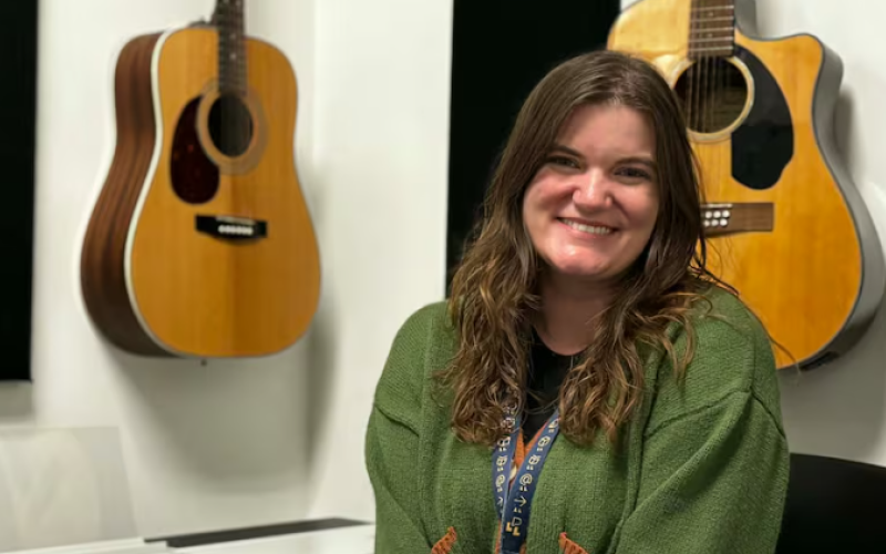 Sarah Mills is a librarian who helps operate The Labs at the London Public Library's Central branch. The Labs space includes a music recording studio and media lab. (Kendra Seguin/CBC News)