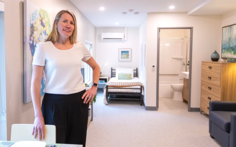 Natasha Thuemler of Indwell shows off a suite at Coves Landing, a 50-unit supportive housing complex opening in a former nursing home at 46 Elmwood Pl. In London. Photo taken on Thursday April 9, 2026. (Mike Hensen/The London Free Press)