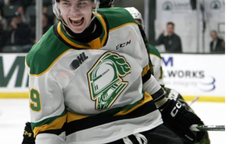 London Knights defenceman Oliver Bonk celebrates his first-period goal during Ontario Hockey League action against the Kingston Frontenacs at Slush Puppie Place in Kingston on Friday, Feb. 23, 2024. (Jan Murphy/ Postmedia News)