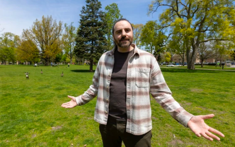 Farrell Tremblay, artistic director of the Home County Music and Arts Festival, says organizers have stripped the festival back to its essentials, with the main stage set up in the middle of Victoria Park rather than near the bandshell in London. Photograph taken Tuesday, May 12, 2026. (Mike Hensen/The London Free Press)