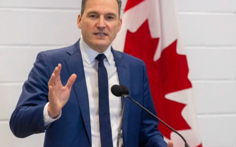 Evan Solomon, minister responsible for the Federal Economic Development Agency for Southern Ontario, speaks at The Grove at Western Fair District during a funding announcement in London on Friday, May 15, 2026. (Mike Hensen/The London Free Press)