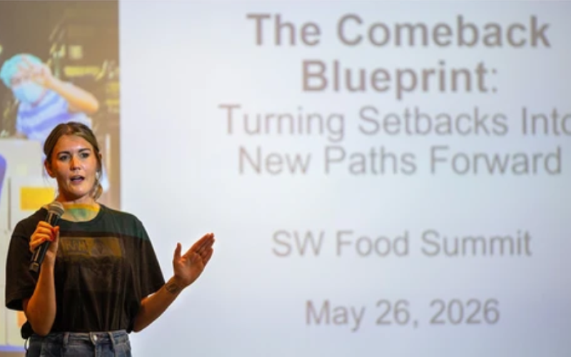 Emily O’Brien, founder and CEO of Comeback Snacks, was the keynote speaker at the Southwest Food Summit at The Grove in London on Tuesday, May 26, 2026. O’Brien launched the popcorn company after serving a prison sentence for drug trafficking. (Mike Hensen/The London Free Press)