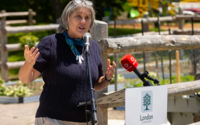 Jane Roy of the London Food Bank speaks at the launch of the London Cares Curb Hunger food drive on Monday, June 1, 2026. (Mike Hensen/The London Free Press)