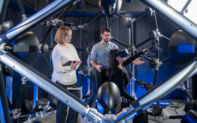 Western neuroscience researchers (L to R) professor Ingrid Johnsrude, graduate student Nima Zargarnezhad and undergraduate student Claire Cheung use the Audiodome to study how the brain processes sound. (Western Communications)