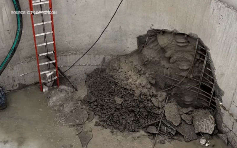 Tunnel boring machine emerges in a shaft in Ivey Park after travelling beneath the Thames River on June 9, 2026. (Gerry Dewan/CTV News London)