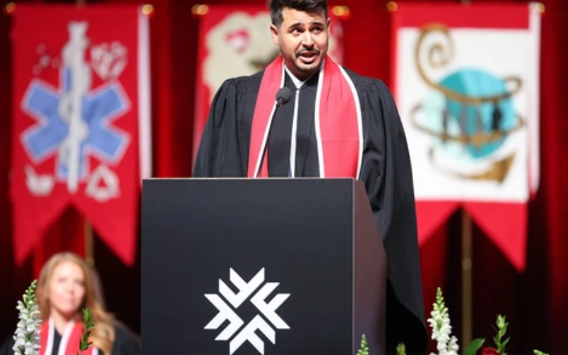 Entrepreneur Michael DeLorenzi addresses graduates during Fanshawe College’s convocation ceremonies at Canada Life Place in London on Monday, June 15, 2026. (Geoff Robins/The London Free Press)