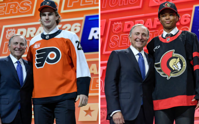 Jaxon Cover, right, and Maksim Sokolovskii each stand with NHL Commissioner Gary Bettman after being drafted into the NHL June 26, 2026, in Buffalo, N.Y. (Source: Adrian Kraus/AP)