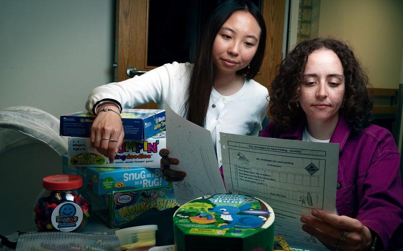 Western University occupational therapy students (L to R) Holly Tang and Annie Bird completed an experiential learning placement with Thames Valley Children's Centre where they helped to reduce wait times for kids and families seeking support. (Iulia Costache/Faculty of Health Sciences)