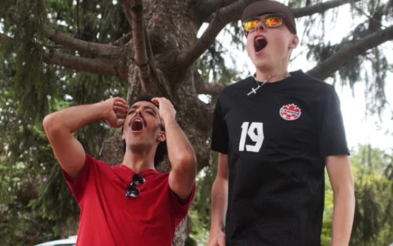Christian Viveiros, left, and Michael Rider react while watching Canada face Morocco at the World Cup during Canada Celebrates in Victoria Park in London on Saturday, July 4, 2026. (Matthew Daldalian/ The London Free Press)