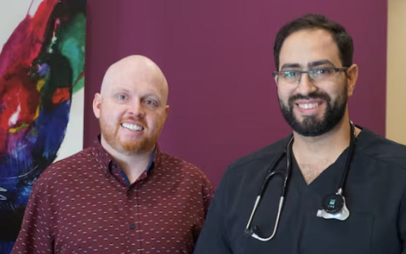 Dan Muldoon, left, and Dr. Omar Elsalakawy, photographed at Thompson Medical Centre on Thompson Road in London. Thompson Medical Centre also operates a clinic at the corner of Hyde Park and Gainsborough roads in London, and in St. Thomas on Elm Street. (Alessio Donnini/CBC News)