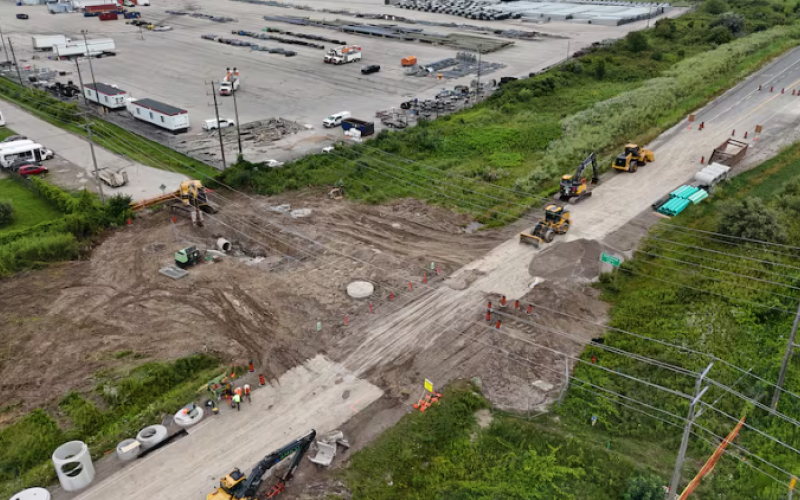A drone photo of crews working on the Highway 3 expansion in St. Thomas, Ont. (Michael Cole/CBC)
