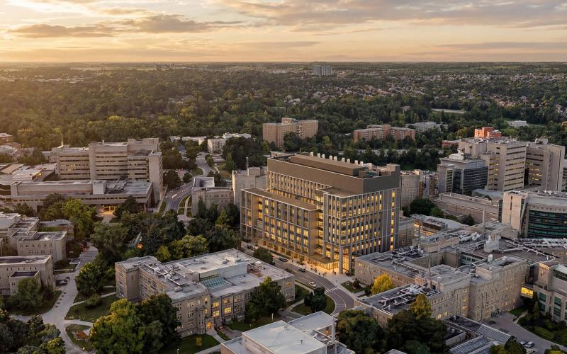 Artist rendering of Western’s Bioconvergence Centre. The centre will be Canada’s first purpose-built bioconvergence facility, designed to help researchers, clinicians and industry partners move health discoveries from the lab to patients faster. (HOK/aTRR)