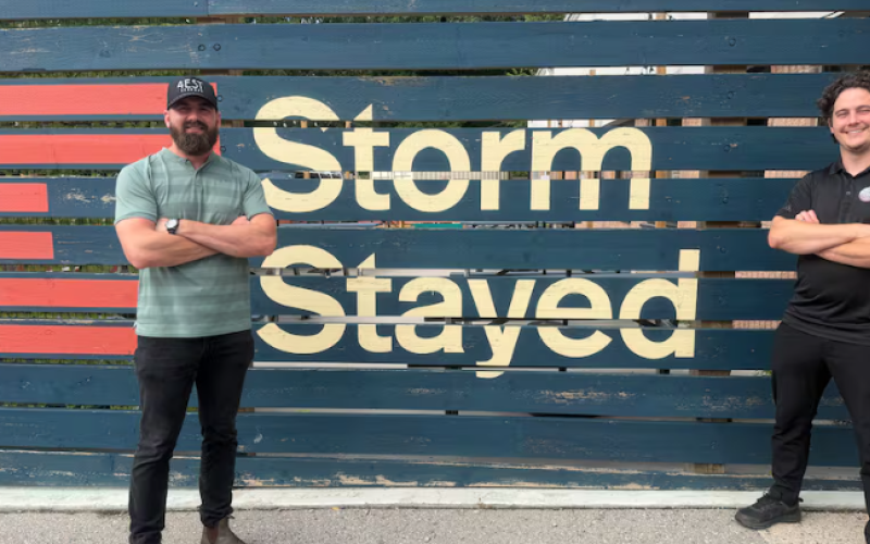Myles Rombough, left and Colin Gunn are co-founders of 4Est Brewery, which has recently purchased Storm Stayed Brewing Co. in London's Old South neighbourhood. They say they're looking forward to transitioning the business while keeping some of its classic charm. (Isha Bhargava/CBC)