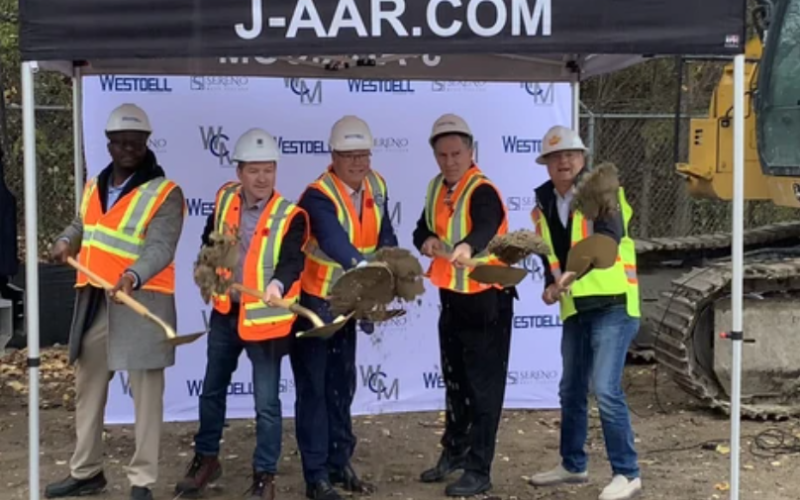 A groundbreaking ceremony is held for the first Serano West Village tower at 15 Capulet Walk on Nov. 7, 2025. From left, Westdell Development Corp. vice-president Paul Kitson, London Mayor Josh Morgan, Municipal Affairs and Housing Minister Rob Flack, Westdell president Iyman Meddoui and Ward 8 Coun. Steve Lehman. (Jack Moulton/The London Free Press)