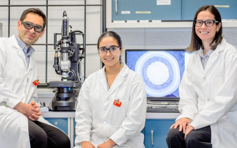 (L to R) Postdoctoral researchers Soroosh Hakimian and Shamim Pourrahimi, along with professor Samantha Gateman, Western’s NWMO Chair in Radiation Induced Chemistry, found silicon inside TRISO fuel kernels – and determined it was already there before the particle ever entered a reactor. (Christopher Kindratsky/Western Communications)