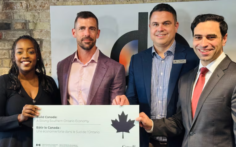The federal government says the funding will help Deep Breathe scale and commercialize its technology. From left to right: London West MP Arielle Kayabaga, Deep Breathe founder and CEO Dr. Rob Arntfield, Deep Breathe Business Development Director Chris Grubb, London Centre MP Peter Fragiskatos. (Matthew Trevithick/CBC)
